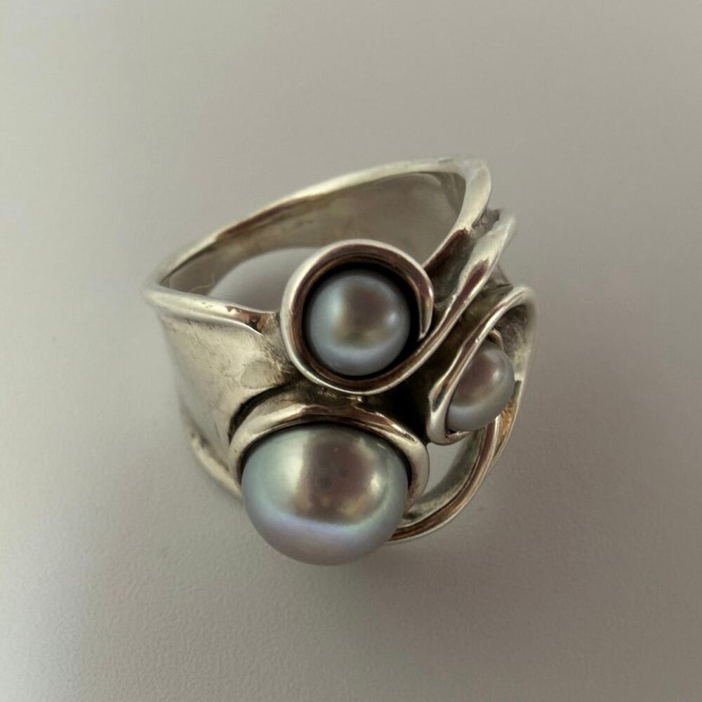 Hagit Gorali Modernist 925 Sterling Silver Multi-Pearl Statement Ring – Size 7.5